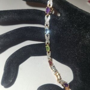 Multi Gemstone Link Tennis Bracelet Gold Tone Amethyst Topaz Peridot Garnet 6.5"